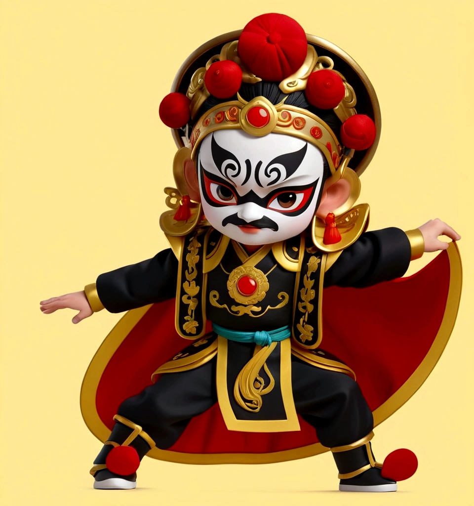 Close-up of a cartoon character wearing a red cape, Peking Opera, Inspired by Pu Hua, Inspired by Hu Zaobin, Inspired by Wu Bin, Ashura,From Chinese mythology,3D Intellectual Property Design, Pop Matt Style, Blind Box Toys, A super cute Chinese boy with Chinese Sichuan Opera characters, Chinese Traditional Festivals, Red, Black clothing,Happy, kung fu pose, Studio Lighting, Clean background, 3D, c4d, Blender, Redshift, Super detailed,