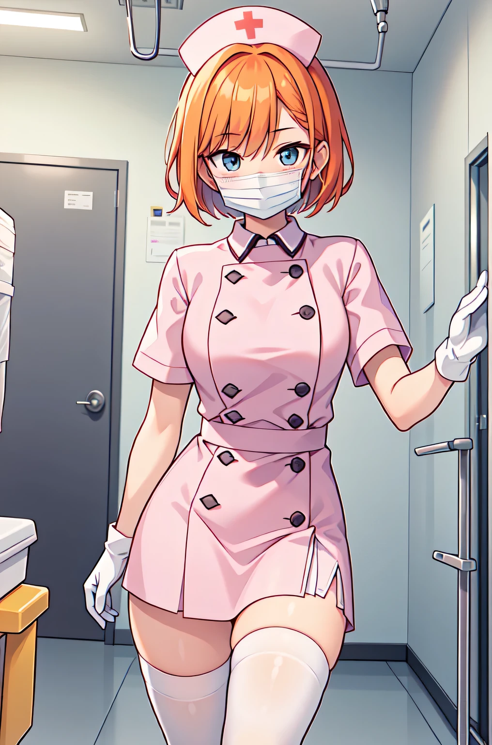 1girl, solo, nurse, nurse cap, white nurse uniform, ((white legwear, zettai ryouiki)), white gloves, very short hair, orange hair, ((white surgical mask, covered nose)), standing, ((hospital room)), sharp outline, short sleeves, tomboy, boyish, best quality, masterpiece