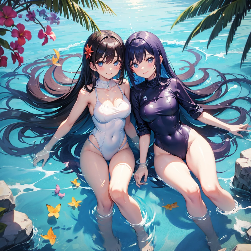 anime、Vibrant colors、In the water、Uplifting、Two beautiful women swimming in the ocean at 100km per hour、Two people facing each other、20 years old、Bright swimsuit、Bright eyes、Sparkling eyes、Large Breasts、An innocent smile、100 vibrant tropical fish、1000 glittering particles、100 butterflies swimming in the water