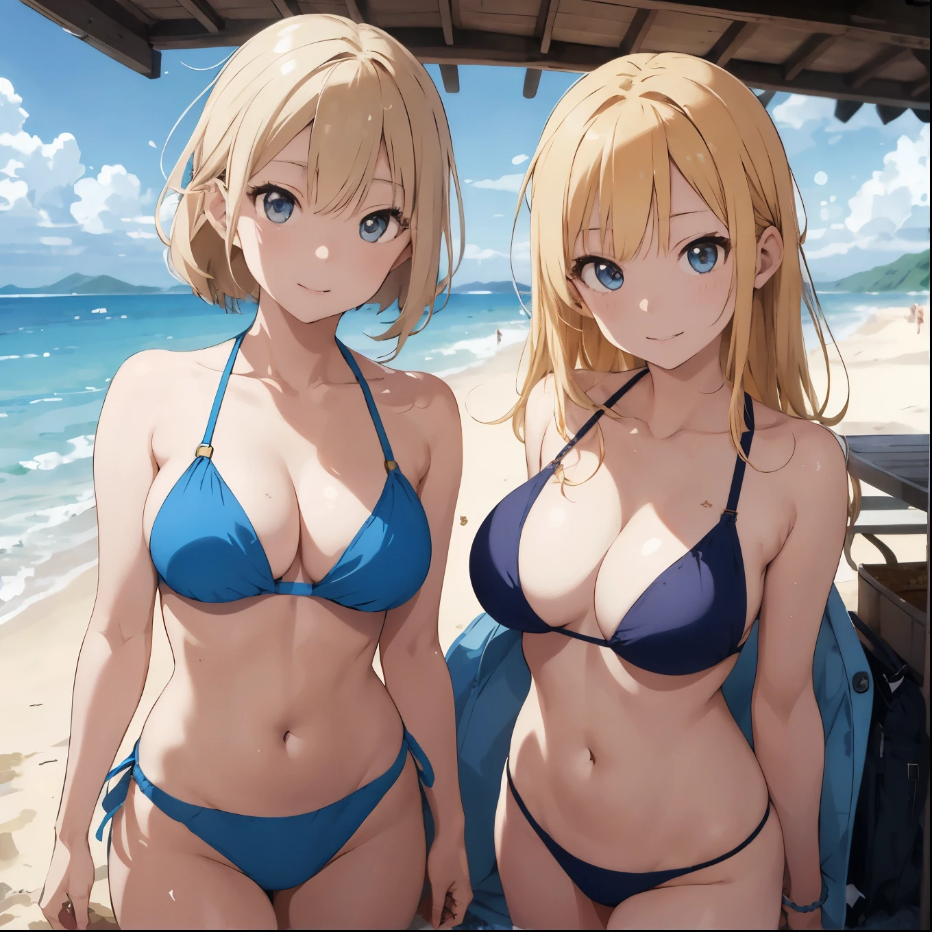 Blonde girl drawn in high definition Japanese anime style、whole body、Women in blue bikinis taking photos on a deserted beach, Bikini Model, , A young and cute gravure idol, Posing together in a bra, Russian and Japanese mix, sakimichan, Asian woman, Wear a swimsuit, that'that'that'that'that'that'that'that'that'that'that'that'that'that'that'that'It's hot with the shining sun, Japanese Model, Cute Core, sakimichan hdri, Young Gravure Idol, Chubby