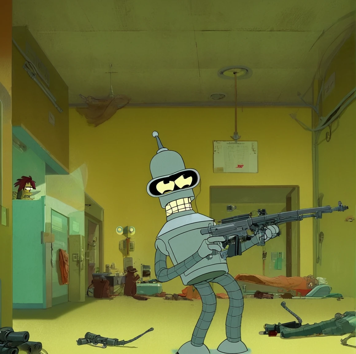 Bender holding Machinegun inside Hospital at Desert, Style of Jamie Hewlett