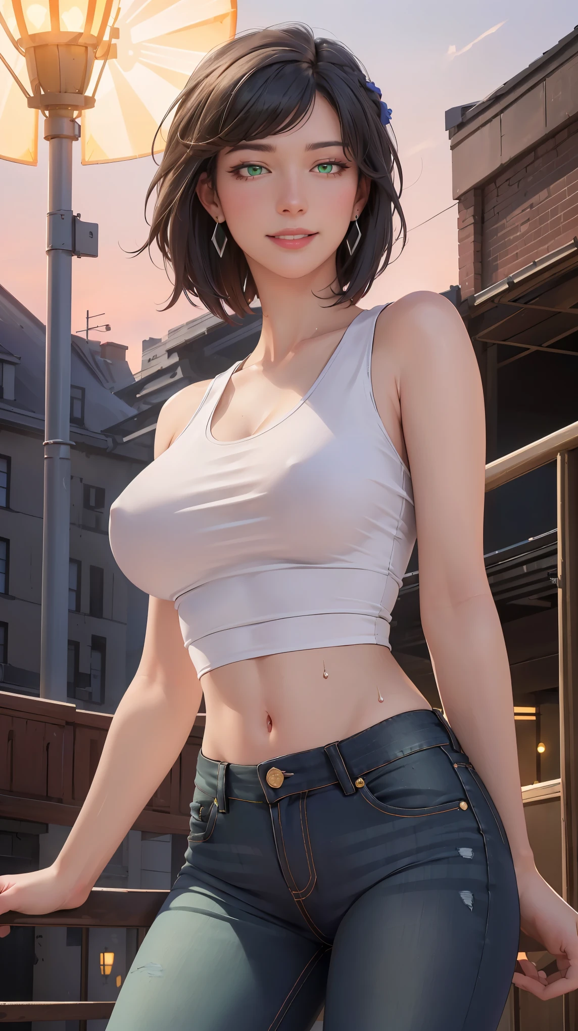 ((((masterpiece, best quality, high resolution)))), Extremely detailed 8K, Beautiful girl with voluptuous body, (Ultra HD, Ultra-detailed, Highly detailed, Highly realistic, Ultra-realistic, photograph realistic), (1girl:1.5), (Realistic black hair, red underlights hair), (short wavy hair, hair ornaments, earrings), (dynamic poses), facing at camera, looking at viewer, (blushing red, embarrassed, smile), (green eyes, sharp eyes), (big perky breasts:1.2), (beautiful detailed face, beautiful detailed eyes), ((white crop tank top, black jeans)), (detail pussy), (standing up), sweat, glow, (nightlight), ((cowboy shot)), outdoor, seductive