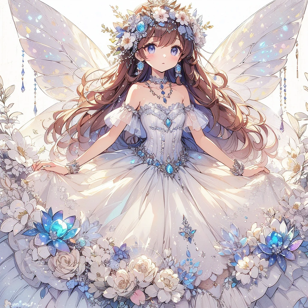 (Exquisite, beautiful, Very detailed, masterpiece, high quality,High resolution),(A cute design illustration of a vibrant and beautiful dress inspired by opals, drawn with soft, thin lines and featuring beautiful opal gemstones and opal accessories in the background.,Pixiv-inspired anime illustration,Watercolor illustrations that go viral among Japanese people on Twitter),A beautiful girl with translucent fairy wings is wearing a long princess-line dress with a bright purple draped peplum on the bottom of the corset, decorated with ribbons and opals, and a long white pannier underneath. The corset is decorated with opals., A lovely, fantastical princess dress inspired by opals.,Opals shine brightly and beautifully like a kaleidoscope