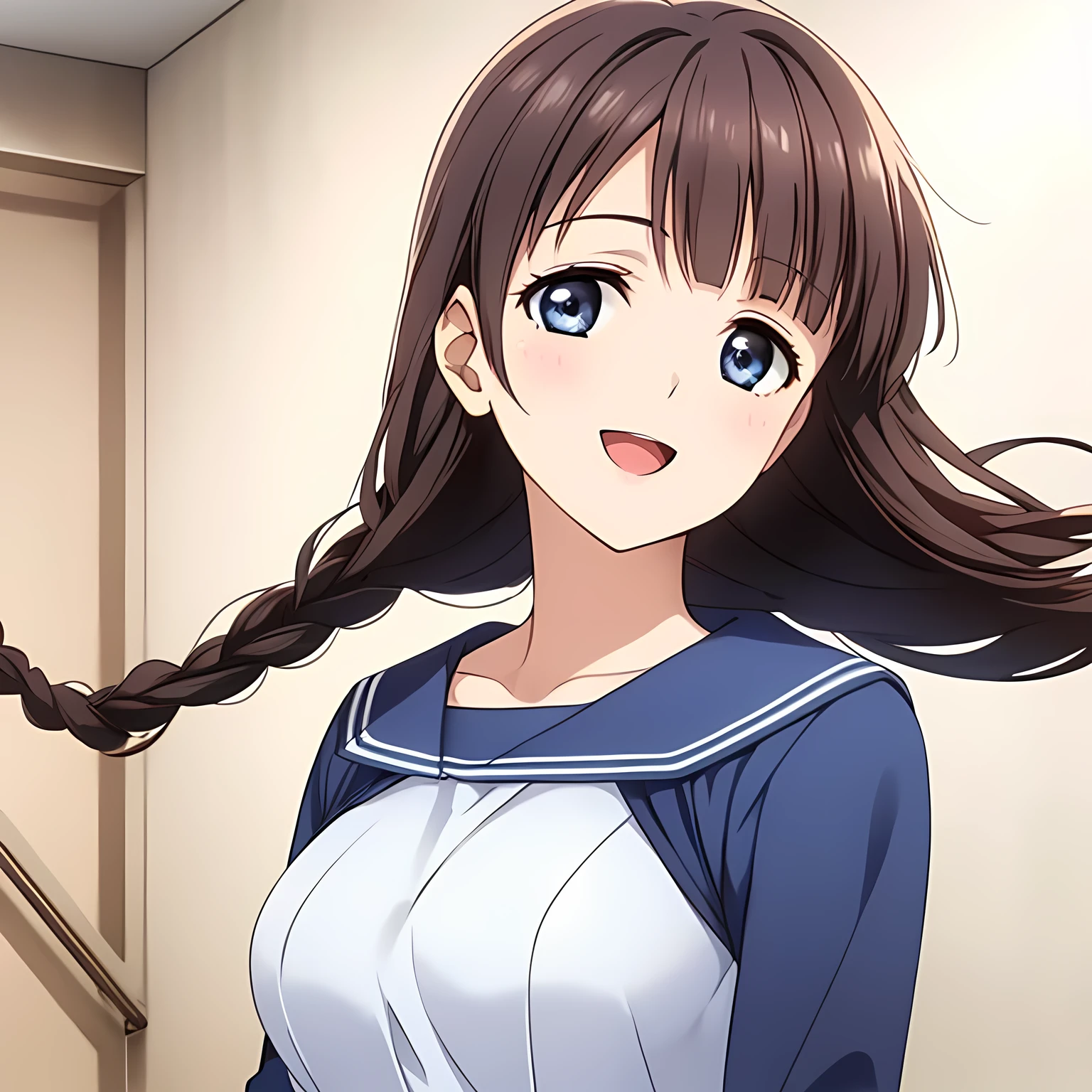 (highest quality, masterpiece:1.2), highest quality, High resolution, 1080p, 8K, Game heroine CG, Height: 158cm, ((A beautiful girl, the game heroine, is smiling and looking proudly.)), A face that everyone loves, Glossy lips, Even bangs, Double, Long eyelashes on both the top and bottom, Smiling blue eyes, The very large and thick yellow ribbon bowtie is very cute., ((Black Hair)), ((Beautiful, shiny, long braids)), ((A long, neat, dark navy pleated skirt)), (((A long-sleeved navy blue sailor uniform for winter, all dark blue in color))), ((Navy blue jacket)), Smiling, slightly open mouth like a game heroine, Ribbon in hair, Tight waist, (((The background is a blank white wall))), ((The wind blowing upwards is only shaking my bangs))