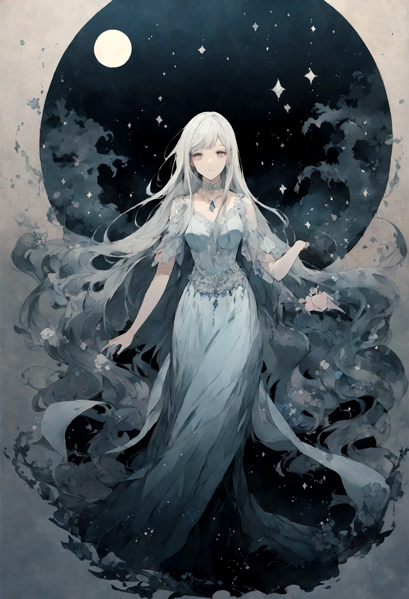 The Little Mermaid、18-year-old、Night beach、Beautiful Moonlit Night、long hair、Hair tip wave、pearl、Diamond jewellery、Fantasy Illustration、Subtle colors and tones、mysterious