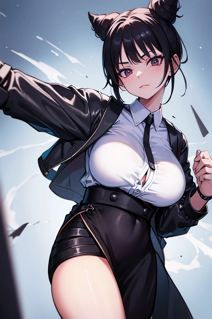 juri han, work of art, tight white secretary shirt with black tie, black high waist skirt, short skirt, short hair, black hair, black tights