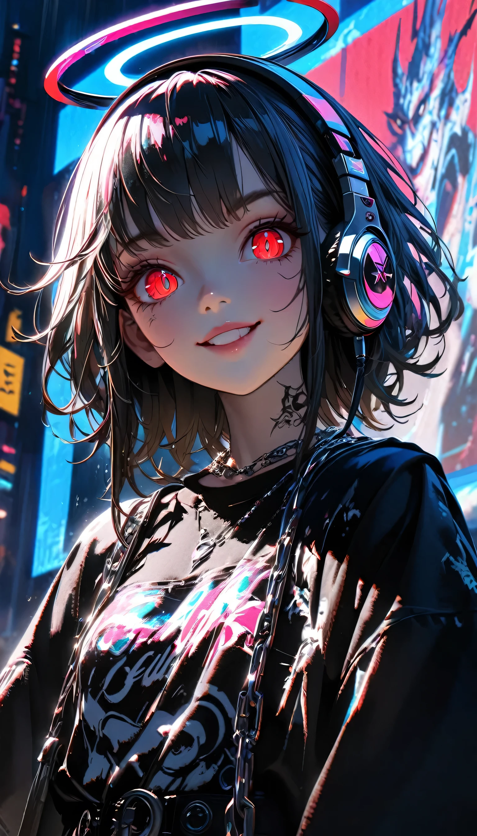1 girl, Chromatic Aberration, Depth of Field, soft light, masterpiece, Top quality, complicated, Tone Mapping, Very detailed, Art Station, concept art, Smooth, Clear focus, Dramatic Lighting, Very detailed artwork, Movie, super Practical painting, Art Station's trending, 8K, incredible shadow, Practical, (Very detailed background:1.0), whole body, View, Viewers, Very detailed portrait of one girl 1, Standing on the street corner, Heavy rain and thunder、Gloomy sky, neon and cyber punk background, she is dressed in punk clothing with silver chains and silver spikes, Her hair was dyed a delicate black,The middle part is black, She is wearing headphones, Detailed red eyes and clear pupils, The sinister aura of the halo, Smile, punk, ciber punk, Backlight.