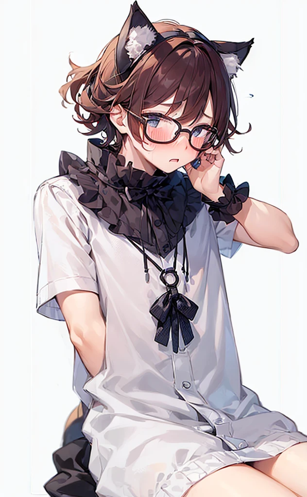 (((Boy with cat ears))), 8k, ((best quality)), 7 yease old, very cute, orange hair, (((very blush))), Wear glasses,