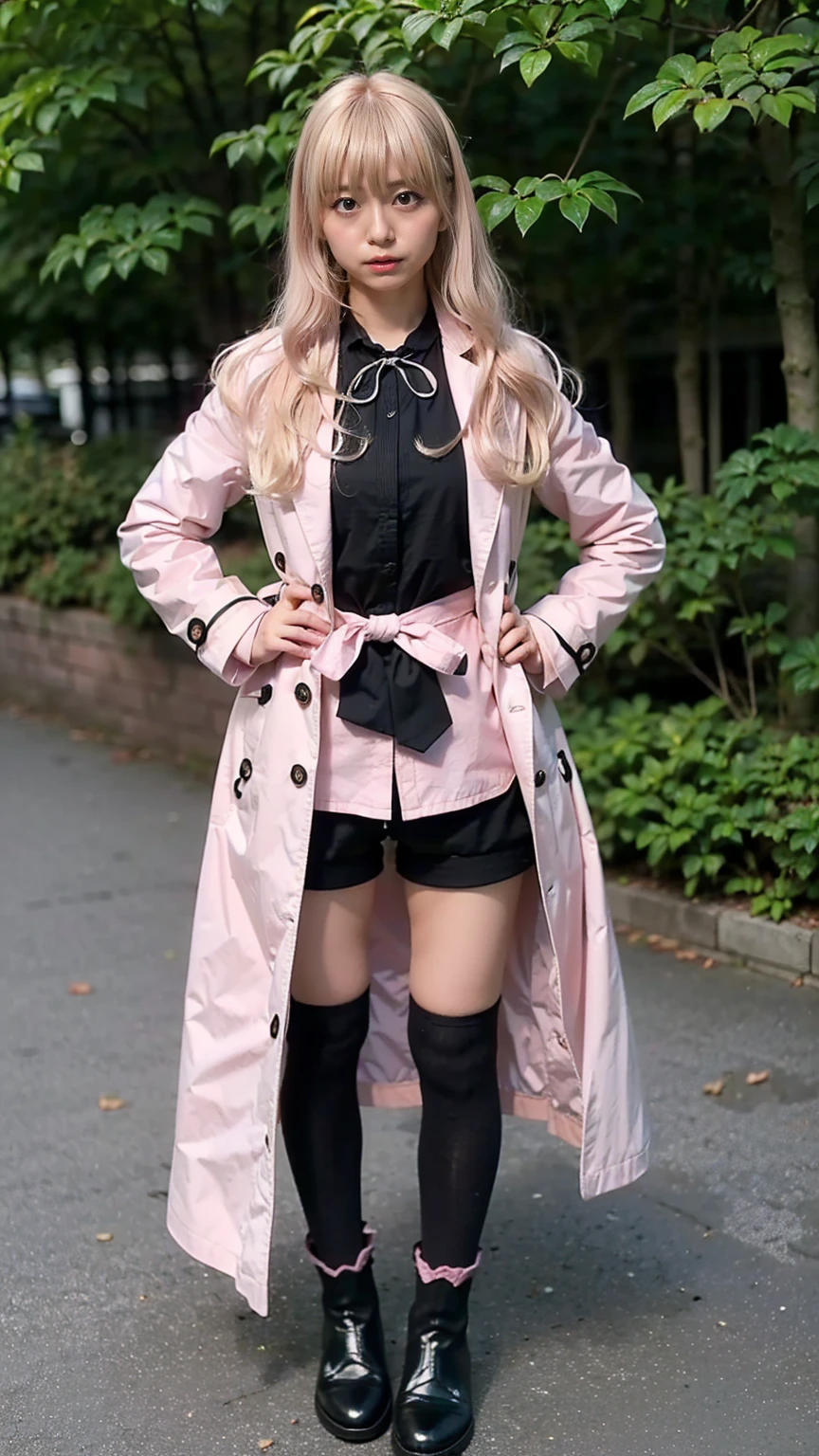 (8k、RAW Photos、highest quality、masterpiece:1.2)、(Realistic、Realistic)、1 girl、((Pink Coat、Blonde、Black shorts、Ribbon on chest、Knee socks、、Big Breasts、boots、whole body、garden、View from the front、Looking into the camera、Standing with one hand on one hip))、