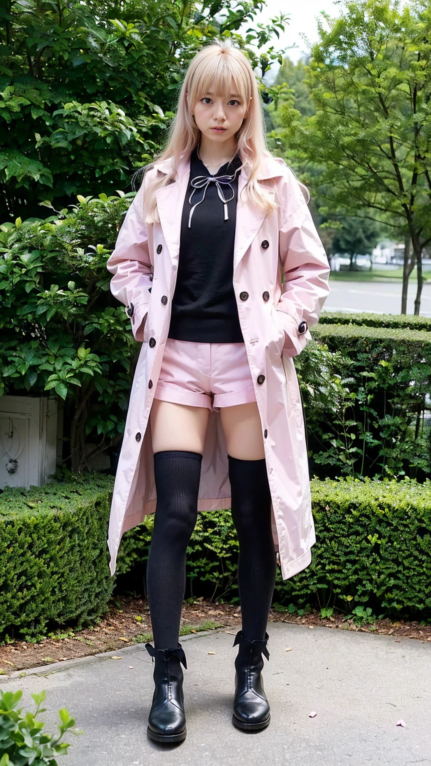 (8k、RAW Photos、highest quality、masterpiece:1.2)、(Realistic、Realistic)、1 girl、((Pink Coat、Blonde、Black shorts、Ribbon on chest、Knee socks、、Big Breasts、boots、whole body、garden、View from the front、Looking into the camera、Standing with one hand on one hip))、