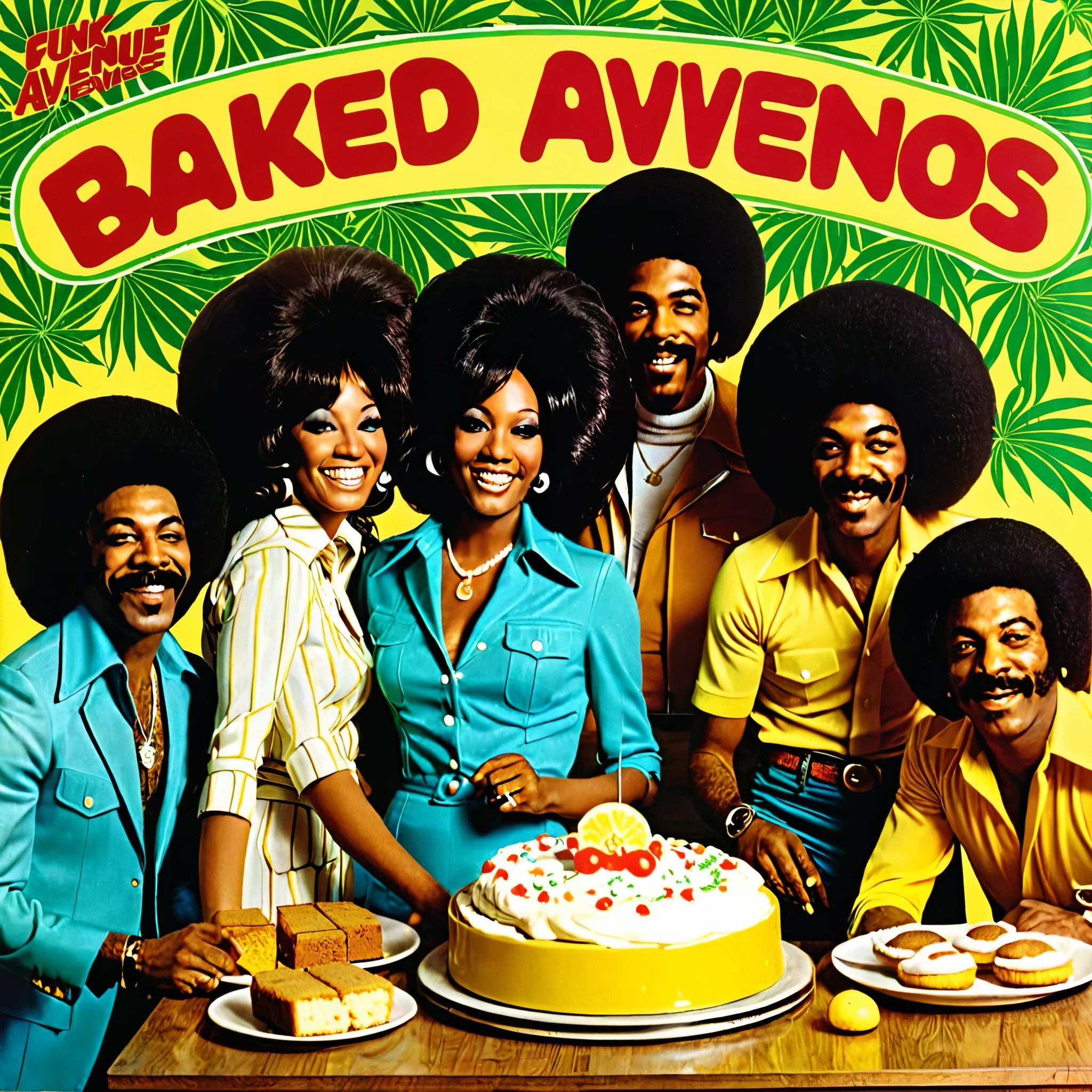 1970s r&b vinyl cover for a song called "Baked Goods" by a band named Funk Avenue, kitchen, marijuana
