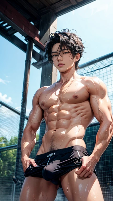 Anime style, Boy, , 17 yearserfect, round shiny buttocks, SWEATY BODY,Front light, wet thong, The sun shone on front off his body, Very wet body, sweating,  exposing his sexy chest, Very hot sunny day, Fluffy chest, Curly Short hair , squat pose, on the sport field, seducing, just Wearing wet white Tiny thong exposing his big bulge, very wet body, fit body, teenager, Very youngr boy, Vereat covering all over the body, Sweat dripping all over the body, The colors are bright and vibrant, enchancing the overall aesthetic, don't merge body's, detailed eyes and lips, sixpack and fit body Anime style, oil painting,