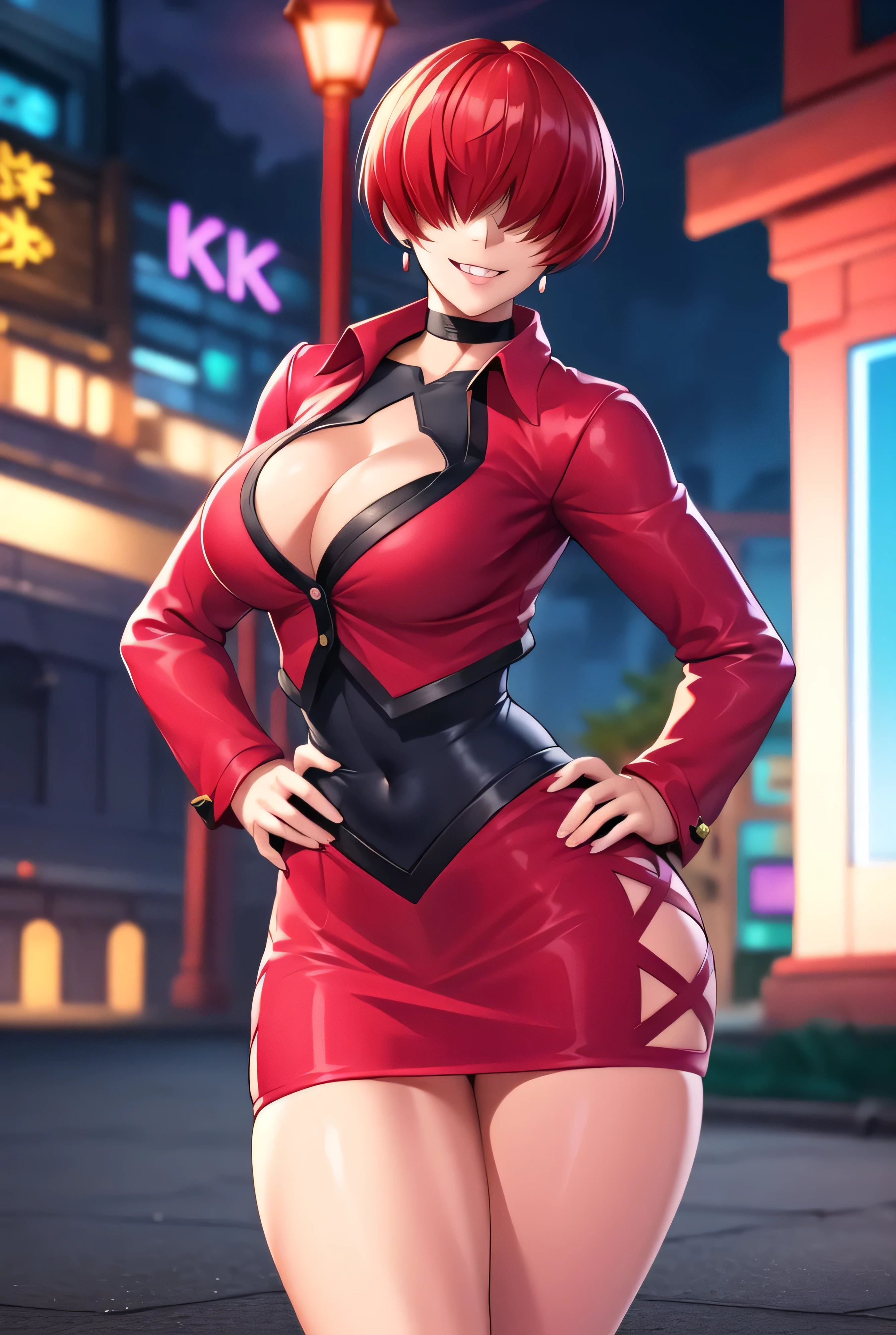 (night),in a video game scene with a neon background and a neon light,
Standing at attention,
Red outfit,Red jacket,choker, cleavage cutout, clothing cutout,
earrings,
Red hair,bangs,((hair over eyes)),
1 girl, 20yo,Young female,Beautiful Finger,Beautiful long legs,Beautiful body,Beautiful Nose,Beautiful character design, evil face,
looking at viewer,(Focus on her face),closed mouth,evil_Smile,two hands five finger,evil grin,
official art,extremely detailed CG unity 8k wallpaper, perfect lighting,Colorful, Bright_Front_face_Lighting,shiny skin,
(masterpiece:1.0),(best_quality:1.0), ultra high res,4K,ultra-detailed,
photography, 8K, HDR, highres, absurdres:1.2, Kodak portra 400, film grain,thunder and ruins blurry background, bokeh:1.2, lens flare, (vibrant_color:1.2),professional photograph,
(Beautiful,large_Breasts:1.4), ),(narrow_waist),conceit,hand on hip,smile worst,laugh worst,