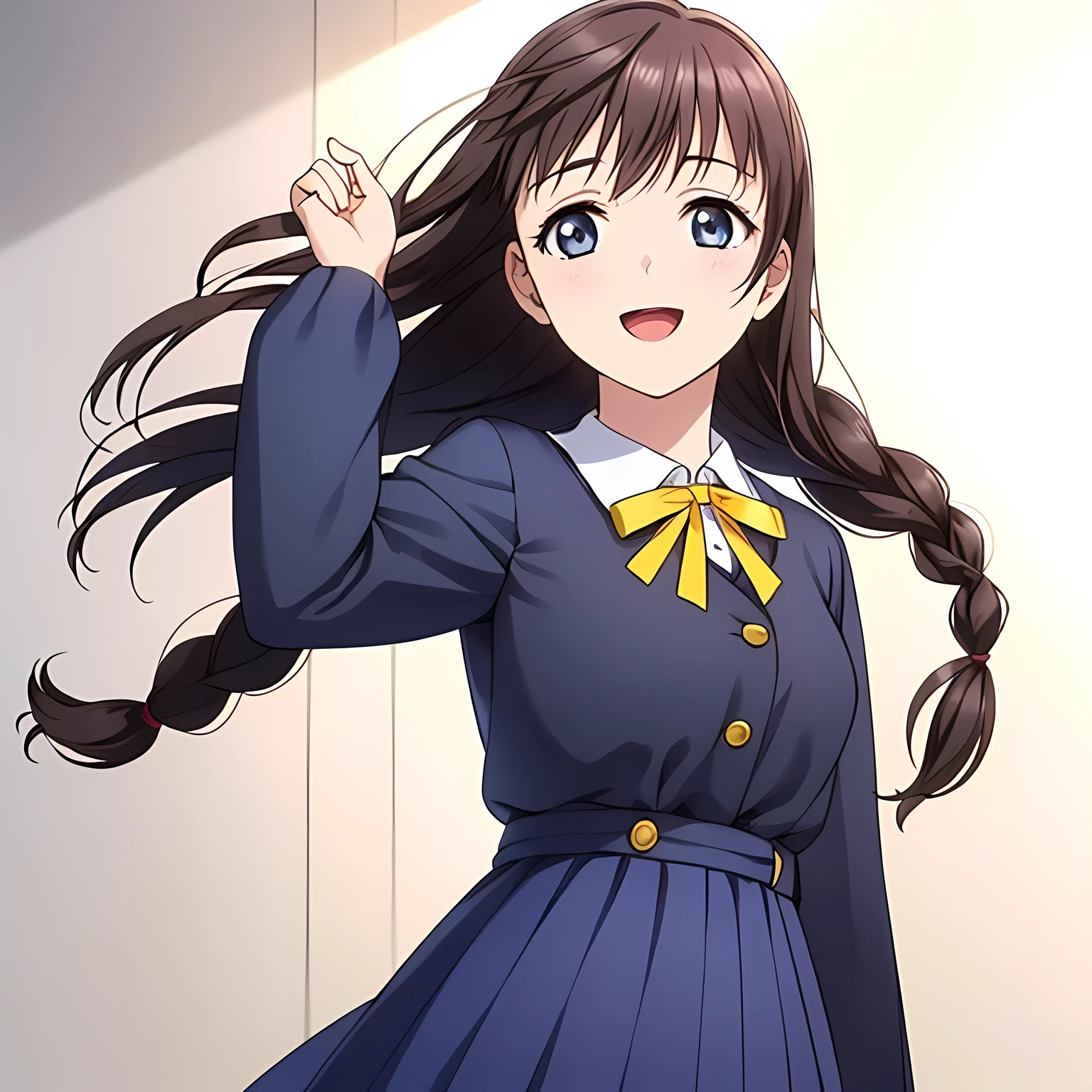 (highest quality, masterpiece:1.2), highest quality, High resolution, 1080p, 8K, Game heroine CG, Height: 158cm, ((A beautiful girl, the game heroine, is smiling and looking proudly.)), A face that everyone loves, Glossy lips, Even bangs, Double, Long eyelashes on both the top and bottom, Smiling blue eyes, The very large and thick yellow ribbon bowtie is very cute., ((Black Hair)), ((Beautiful, shiny, long braids)), ((A long, neat, dark navy pleated skirt)), (((A long-sleeved navy blue sailor uniform for winter, all dark blue in color))), ((Navy blue jacket)), Smiling, slightly open mouth like a game heroine, Ribbon in hair, Tight waist, (((The background is a blank white wall))), ((The wind blowing upwards is only shaking my bangs))