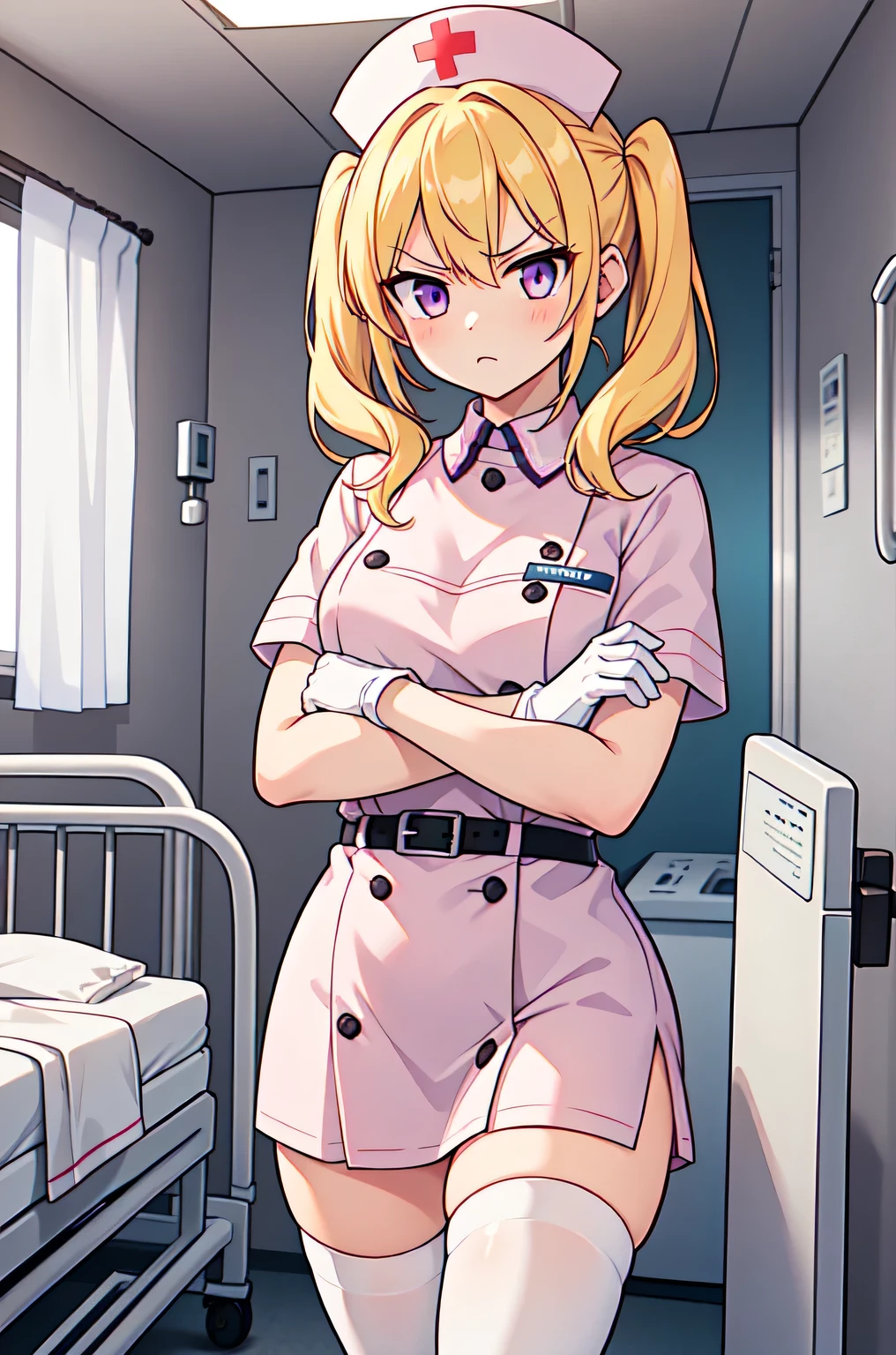 1girl, solo, nurse, nurse cap, white nurse uniform, ((white legwear, zettai ryouiki)), white gloves, twintails, yellow hair, purple eyes, angry, crossed arms, standing, ((hospital room)), sharp outline, short sleeves, best quality, masterpiece