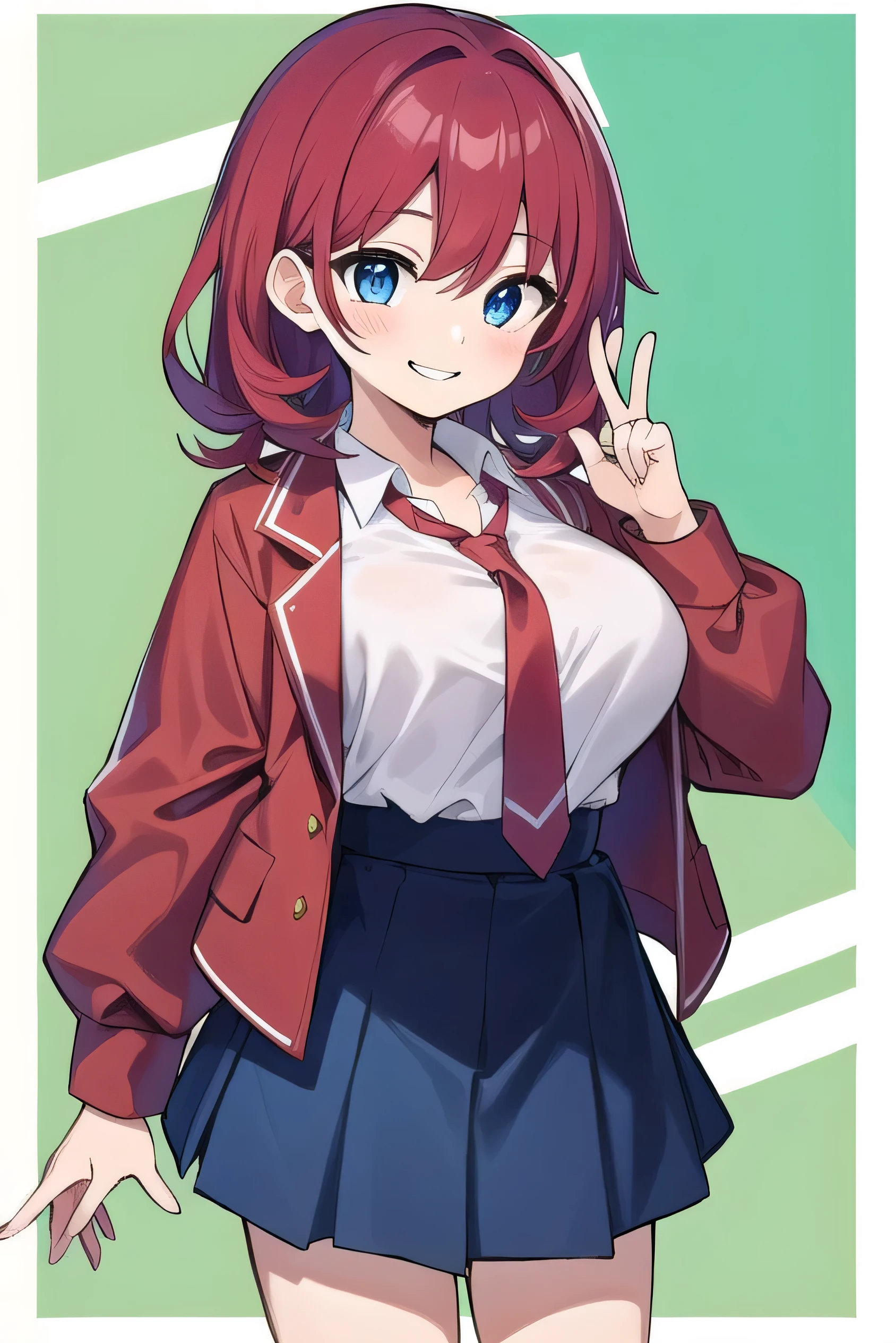 Big breasts, red hair, blue eyes, droopy eyes, red jacket, long sleeves, navy skirt, elementary school student, super big breasts, (medium hair: 1.2), baggy clothes, elementary school student, young face, short height, s old, old, shy A shy guy, smiling a little, trying to open the buttons of his shirt, white shirt, red tie，straight hair