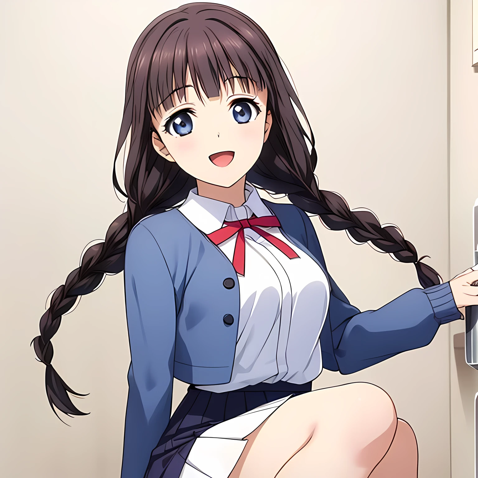 (highest quality, masterpiece:1.2), highest quality, High resolution, 1080p, 8K, Game heroine CG, Height: 158cm, ((A beautiful girl, the game heroine, is smiling and looking proudly.)), A face that everyone loves, Glossy lips, Even bangs, Double, Long eyelashes on both the top and bottom, Smiling blue eyes, The very large and thick yellow ribbon bowtie is very cute., ((Black Hair)), ((Beautiful, shiny, long braids)), ((A long, neat, dark navy pleated skirt)), (((A long-sleeved navy blue sailor uniform for winter, all dark blue in color))), ((Navy blue jacket)), Smiling, slightly open mouth like a game heroine, Ribbon in hair, Tight waist, (((The background is a blank white wall))), ((The wind blowing upwards is only shaking my bangs))