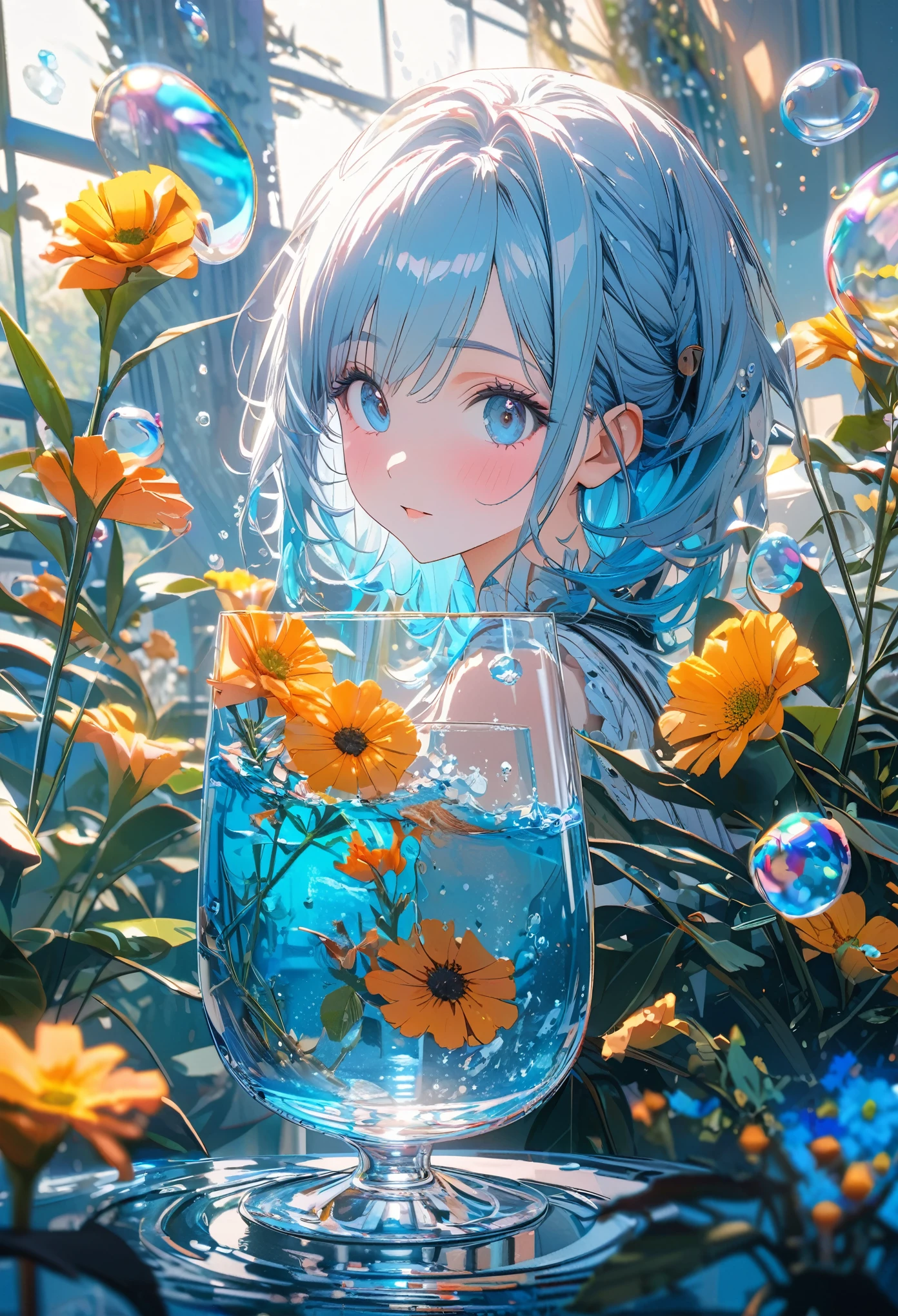 ultra detailed, 8k, a glass, water in glass, flower in glass, bubble, right blue water, cool, bright