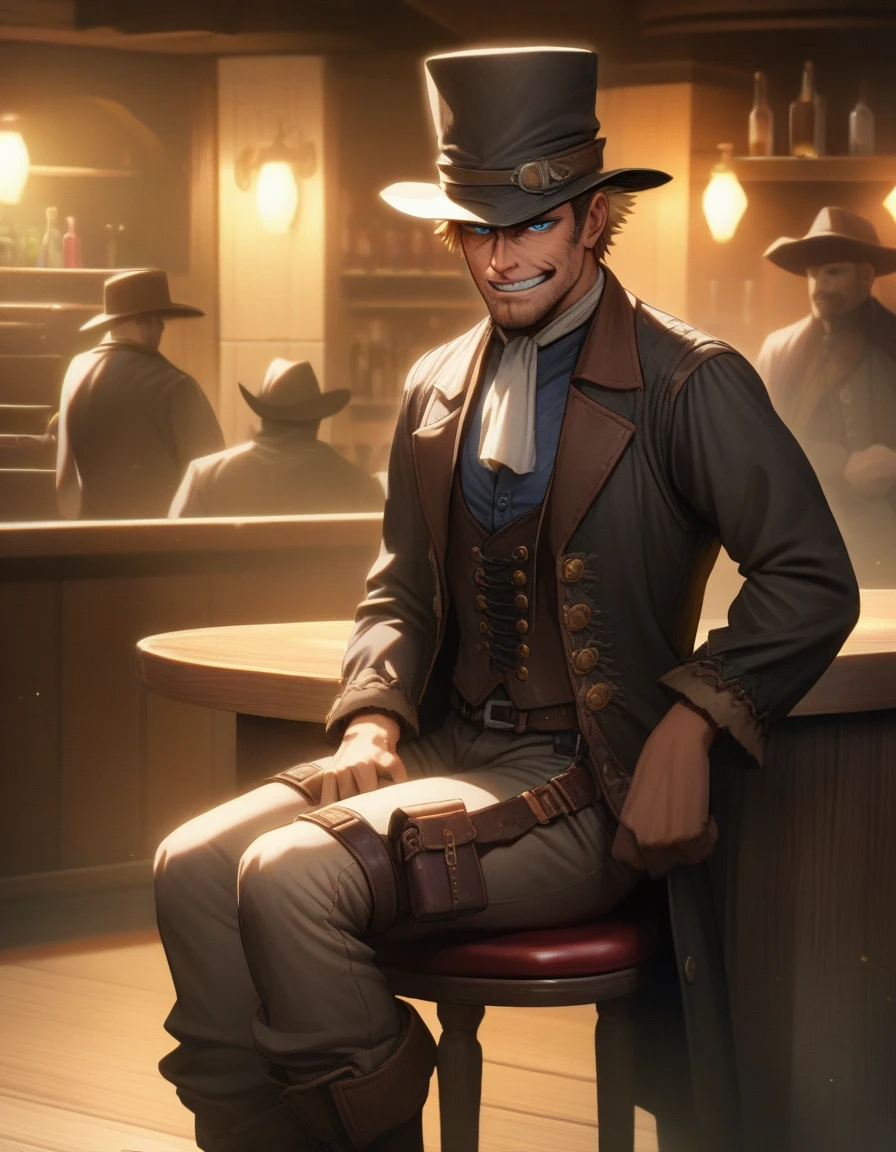 1man, mature gunman, blond, short hair, little scruff, blue eyes, ordinary outlaw, handsome Caucasian, ugly face, super detailed skin, dandy, smirk, BREAK cowboy costume, tengallon hat, black coat, waist holster, 1800s style outfit, BREAK fullbody, solo focus, looking at viewer, indoor, Western bar, at night, sitting on chair, detailed background, from side, romantic expression, cinematic shadows, cinematic lighting, lens flare, light leaks, in eroge style, 8k, sharp vision, extreme all detailed, masterpiece, best quality