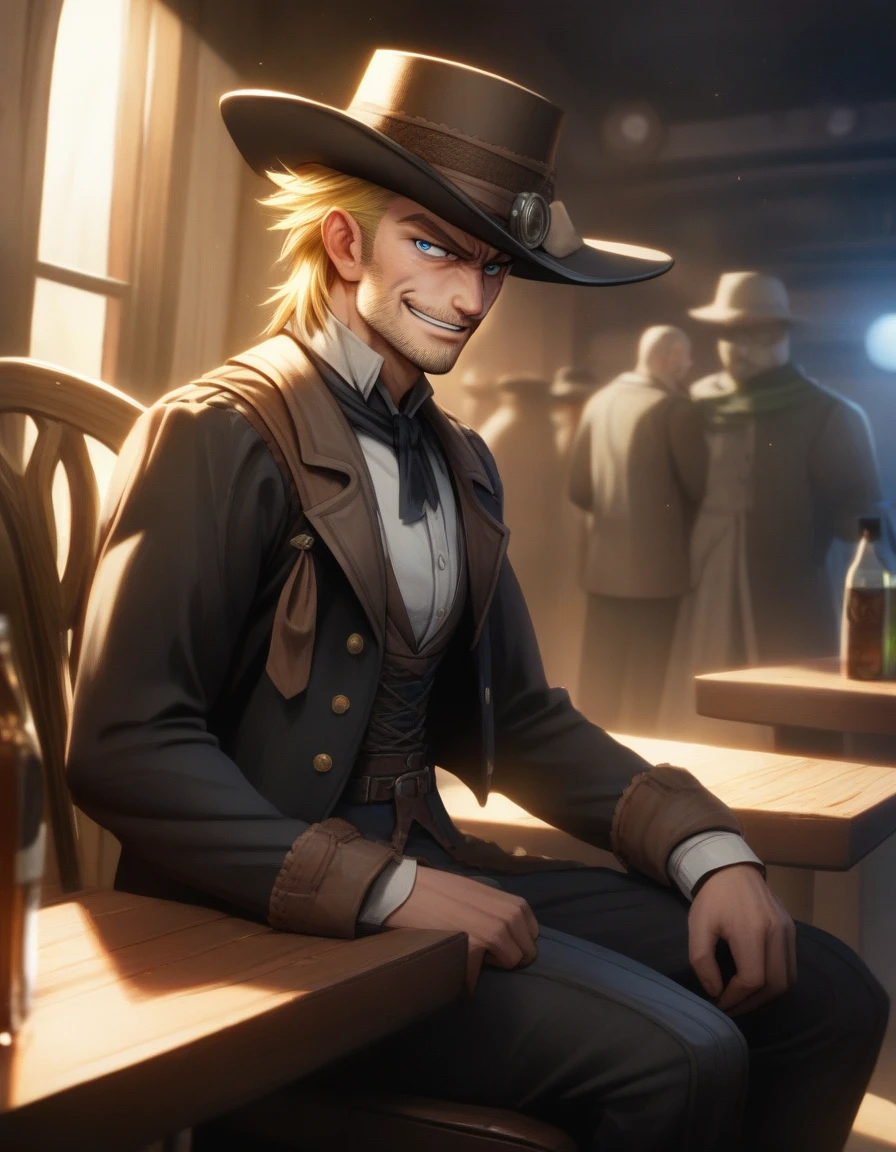 1man, mature gunman, blond, short hair, little scruff, blue eyes, ordinary outlaw, handsome Caucasian, ugly face, super detailed skin, dandy, smirk, BREAK cowboy costume, tengallon hat, black coat, waist holster, 1800s style outfit, BREAK fullbody, solo focus, looking at viewer, indoor, Western bar, at night, sitting on chair, detailed background, from side, romantic expression, cinematic shadows, cinematic lighting, lens flare, light leaks, in eroge style, 8k, sharp vision, extreme all detailed, masterpiece, best quality
