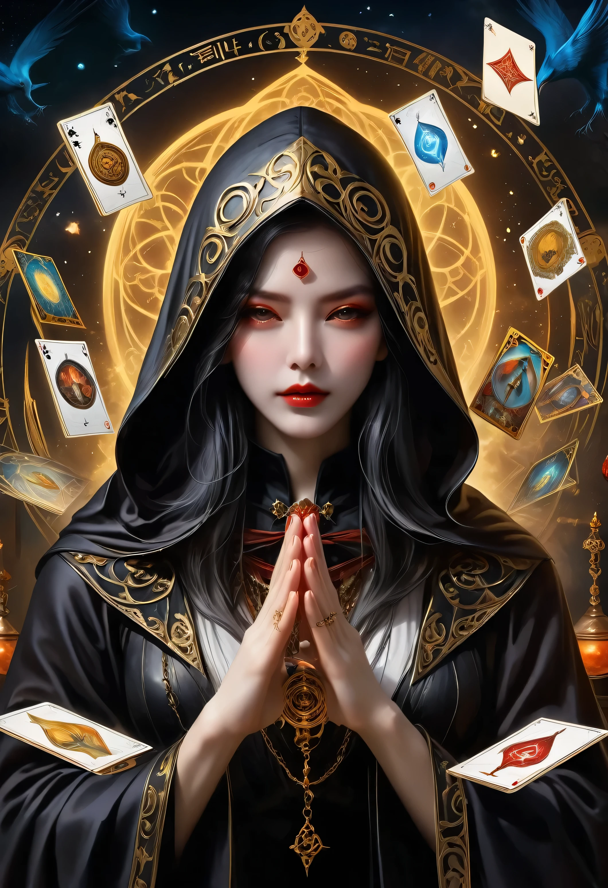 Onmyoji,Metal Photo Frame,card,tarot cards:1.37.A mysterious hooded fortune teller,Finger taps an array of tarot cards in the air,Mystical symbols and elements,Ancient and mysterious atmosphere,Realistic illustrations,Attention to detail,Vibrant and energetic composition,Dark Style,Gothic style