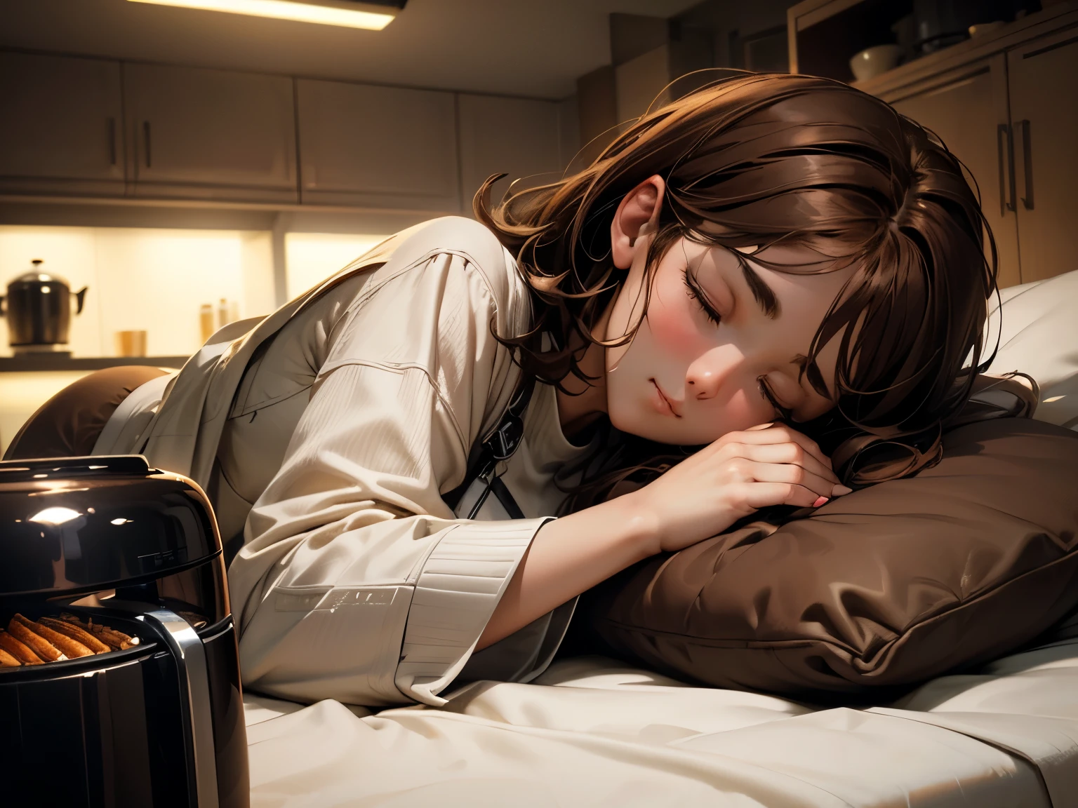 (best quality,8k,ultra-detailed:1.2),(CG,CG art,3D rendering),(masterpiece:1.2),（a woman lying on a bed and holding an eletric airfryer in her arms, in a futuristic kitchen),（pajamas clothing），(movie lighting,futuristic)(a woman lying on a bed and holding an eletric airfryer in her arms,slepping, closed eyes),(a futuristic kitchen,tranquil night),( brown hair:1.5)