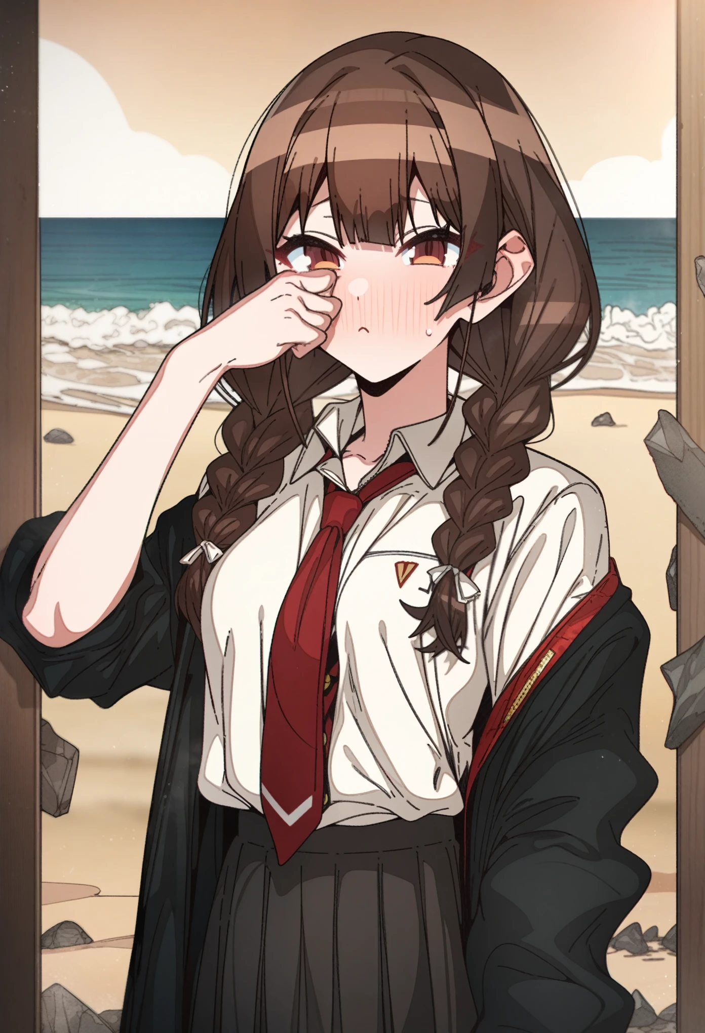 houshou_marine with brown hair and brown eyes, Artist, erere, Copyrights, idolmaster, idolmaster_shiny_colors, Character, General, 1girl, brown_hair, blunt_bangs, blush, medium_breasts, breasts, detailed eyelashes, beatiful girl:1, brown_eyes, censored, school_uniform, black pleated skirt:0.7, black blazer:0.5, white shirt, red tie, twin_braids, :|:0.5, (full_body) (standing in middle, beach, rocks), sky:0.7, half-closed_eyes, detailed, sand, outdoors, from_side, looking_at_viewer, masterpiece, best_quality, great_quality, girl, solo, center_composition, centered character, cute, rubbing_eyes, sleepy