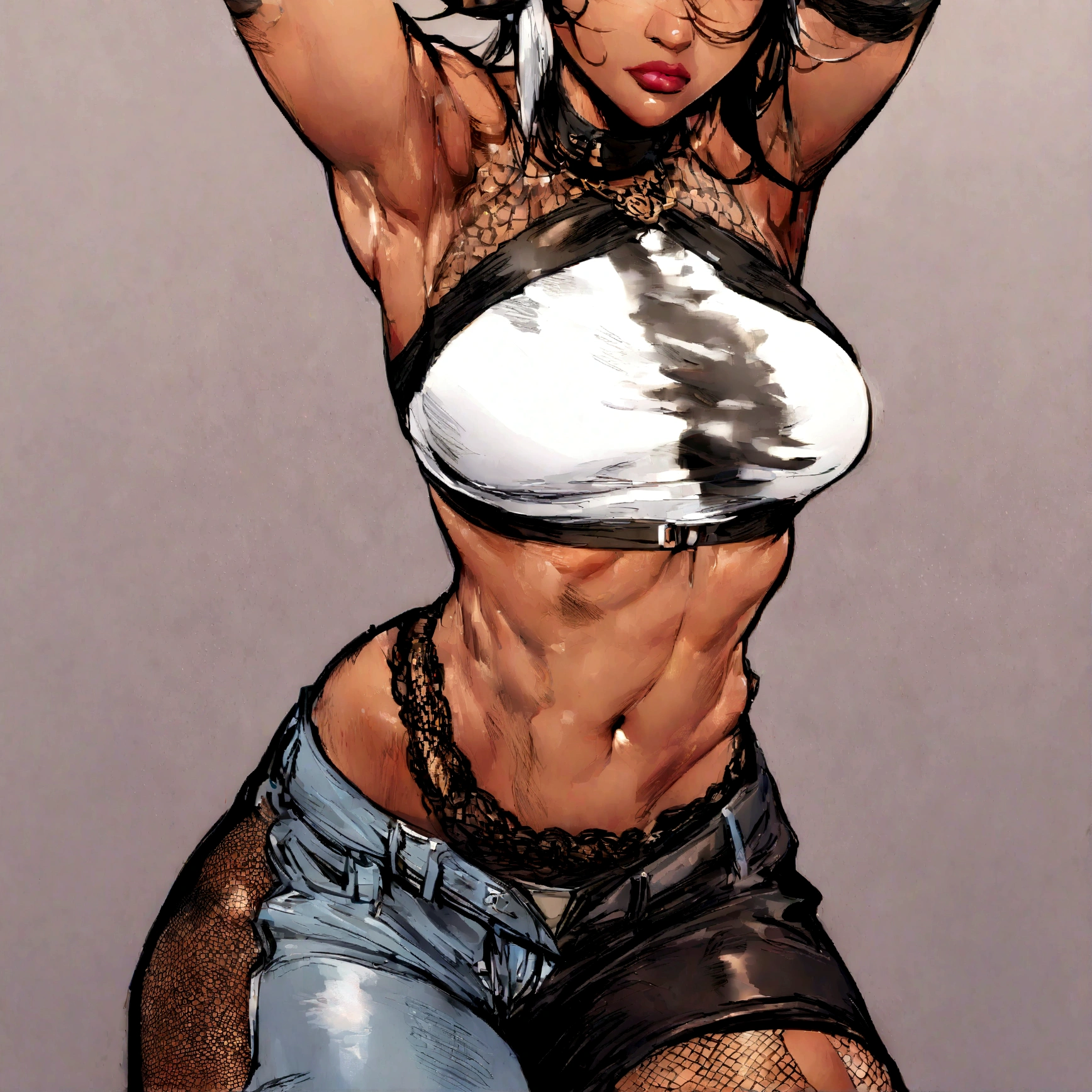 a sexy black woman wearing a beige cropped tanktop showing her toned stomach, wearing torn jean pants with fishnet stockings showing through them