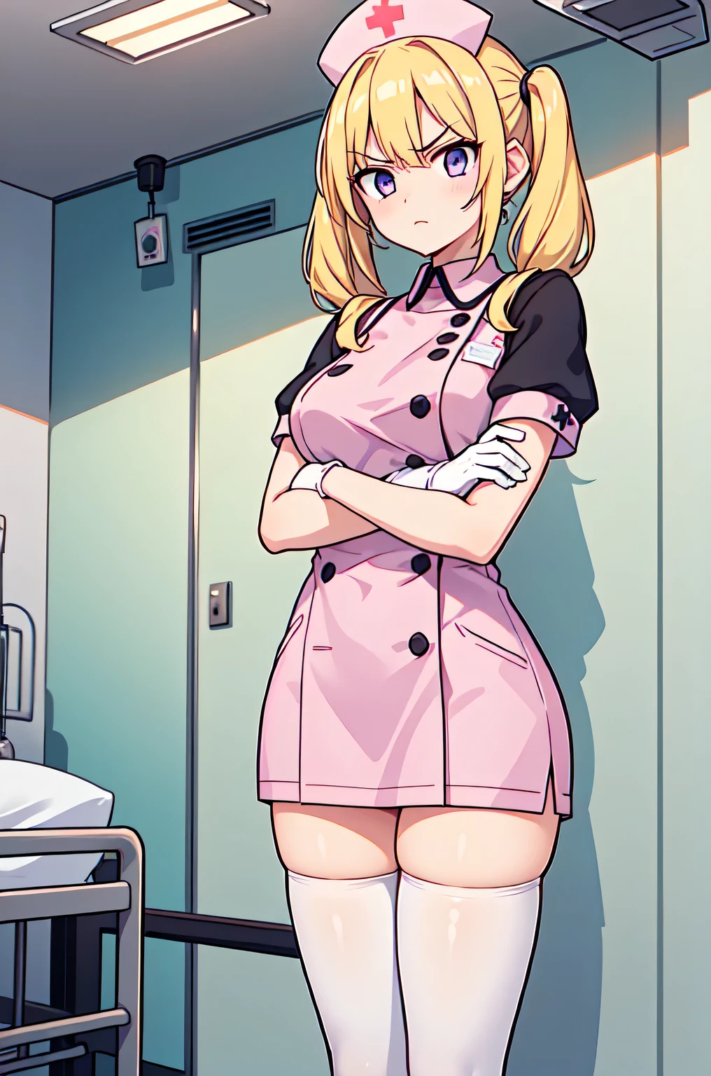 1girl, solo, nurse, nurse cap, white nurse uniform, ((white legwear, zettai ryouiki)), white gloves, twintails, yellow hair, purple eyes, angry, crossed arms, standing, ((hospital room)), sharp outline, short sleeves, best quality, masterpiece