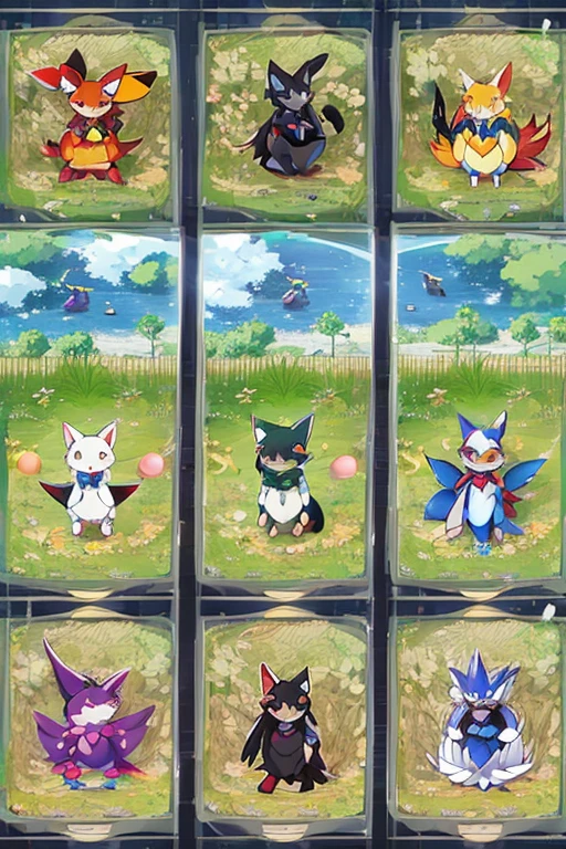 Display several different types of Pokemon characters in a row，Concept art by Adam Marcinski，multi-count trend，arts and crafts，Fox-like evolved Pokemon，new pokemon，Pokemon style，CutePokemon style，Similar to Pokemon，Concept Puzzle Pokemon, vyverns, Pokemon art style, Illustration pokemon, Attributes（Attributes:generally.flight.fire.overtake.Ability Water.insect.electricity.rock.Grass.phantom.ice.dragon.fistfight.evil.poison.steel.ground.Fairy.Star Crystal.無Attributes）, New species Monster characters sprites set in pokemen style,  Monster character elf toy figure Arima set in Pokemon style，Capybara，There are cats，personification（Beast ears, human body and beast tail）
\(Lovely,Kawaii),quality\(masterpiece,high resolution,top-quality,top-quality,提high resolution,RAW photos,Best quality,Very detailed\)
A few magic effects（fire ball water polo）
