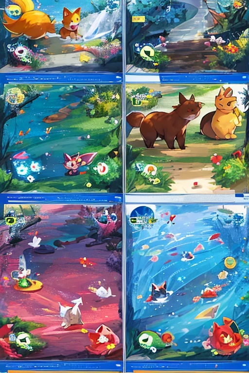 Display several different types of Pokemon characters in a row,Concept art by Adam Marcinski,multi-count trend,arts and crafts,Fox-like evolved Pokemon,new pokemon,Pokemon style,CutePokemon style,Similar to Pokemon,Concept Puzzle Pokemon, vyverns, Pokemon art style, Illustration pokemon, Attributes(Attributes:generally.flight.fire.overtake.Ability Water.insect.electricity.rock.Grass.phantom.ice.dragon.fistfight.evil.poison.steel.ground.Fairy.Star Crystal.無Attributes), New species Monster characters sprites set in pokemen style, Monster character elf toy figure Arima set in Pokemon style,Capybara,There are cats,personification(Beast ears, human body and beast tail)
\(Lovely,Kawaii),quality\(masterpiece,high resolution,top-quality,top-quality,提high resolution,RAW photos,Best quality,Very detailed\)
A few magic effects(fire ball water polo)