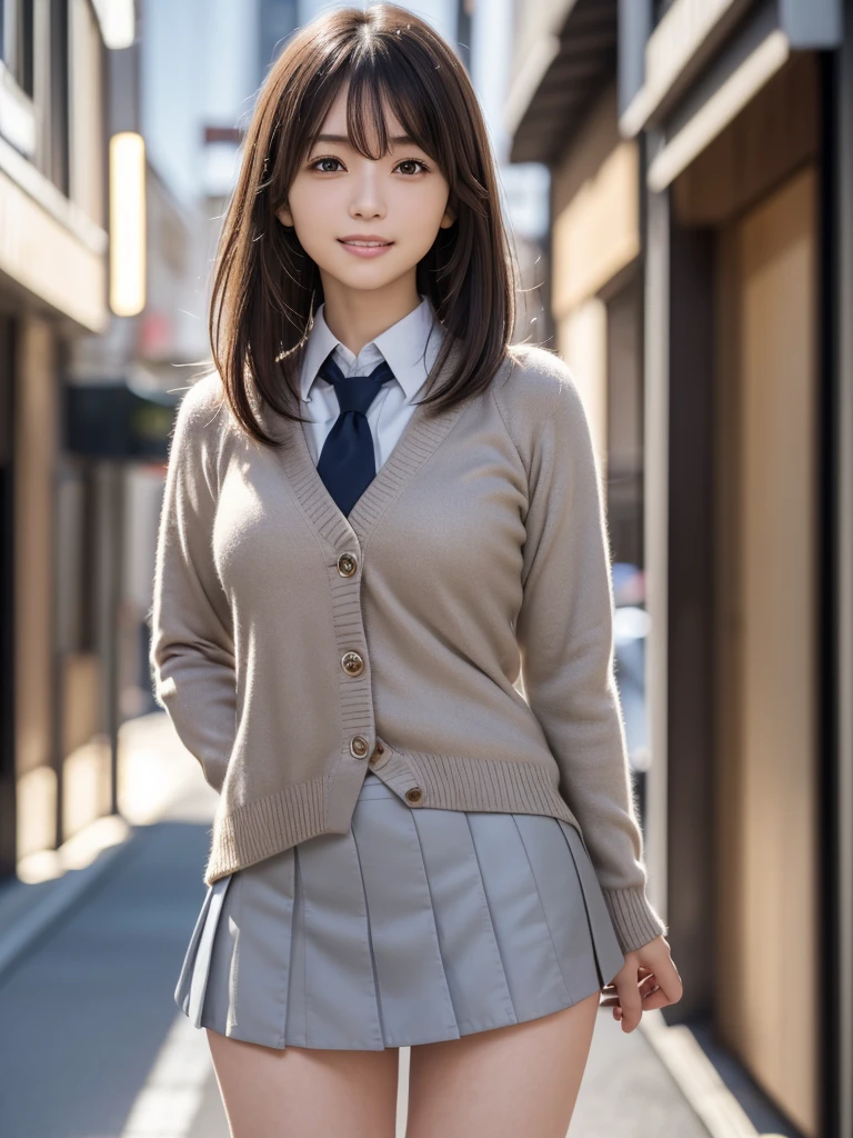 (8k, RAW Photos, highest quality, masterpiece:1.2), (Realistic, photo-Realistic:1.4), (Highly detailed 8k wallpaper), Sharp focus, Depth of written boundary, Cinematic lighting, Soft Light,Eyes of delicate beauty,shiny smooth light brown Long Bob Hair, Asymmetrical bangs, Glowing Skin, Ultra-dense skin,High resolution, High Detail, Detailed hairstyle, Detailed facial beauty, hyper Realistic, Perfect limbs, Perfect Anatomy ,1 Japanese girl,Famous Japanese Idols, Perfect female body, Large Breasts,smile,Short eyelashes,double eyelid,Long Bob Hair, (school uniform : 1.3), (Micro Mini Skirt Grey Micro Mini Skirt:1.3),Watching the audience, (Crowded street:1.3),Cowboy Shot