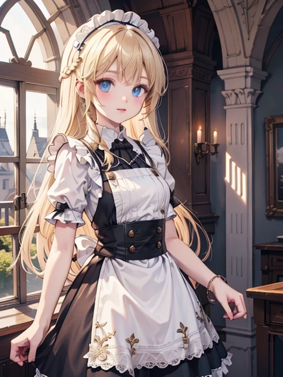 masterpiece, highest quality, Very detailed, 16k, Ultra-high resolution, Cowboy Shot, 14-year-old girl, Perfect Fingers, Detailed face, blue eyes, blonde, Braiding, Long Hair, Black maid outfit, Castle gardens, Drying lots of sheets