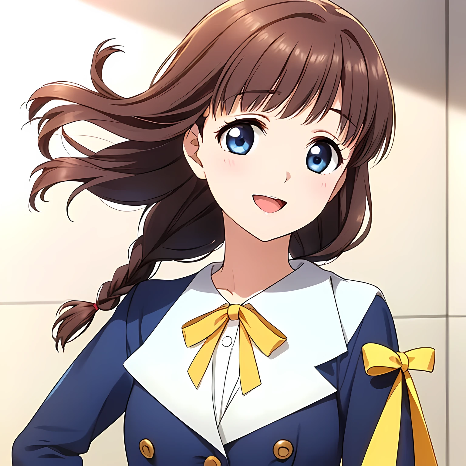 (highest quality, masterpiece:1.2), highest quality, High resolution, 1080p, 8K, Game heroine CG, Height: 158cm, ((A beautiful girl, the game heroine, is smiling and looking proudly.)), A face that everyone loves, Glossy lips, Even bangs, Double, Long eyelashes on both the top and bottom, Smiling blue eyes, The very large and thick yellow ribbon bowtie is very cute., ((Black Hair)), ((Beautiful, shiny, long braids)), ((A long, neat, dark navy pleated skirt)), (((A long-sleeved navy blue sailor uniform for winter, all dark blue in color))), ((Navy blue jacket)), Smiling, slightly open mouth like a game heroine, Ribbon in hair, Tight waist, (((The background is a blank white wall))), ((The wind blowing upwards is only shaking my bangs))