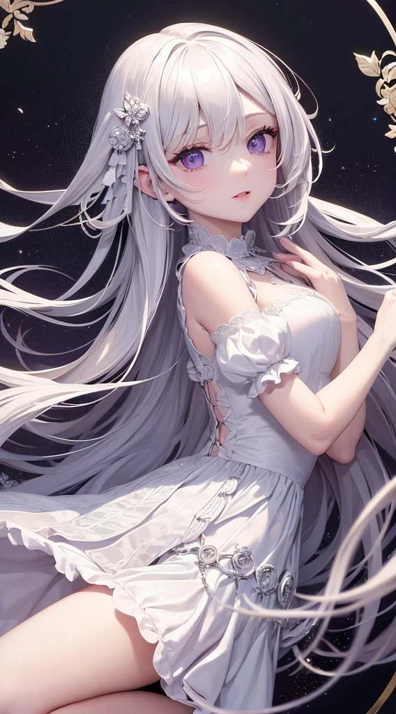 masterpiece, highest quality, highest quality, High resolution,White Hair,Purple Eyes,White Dress