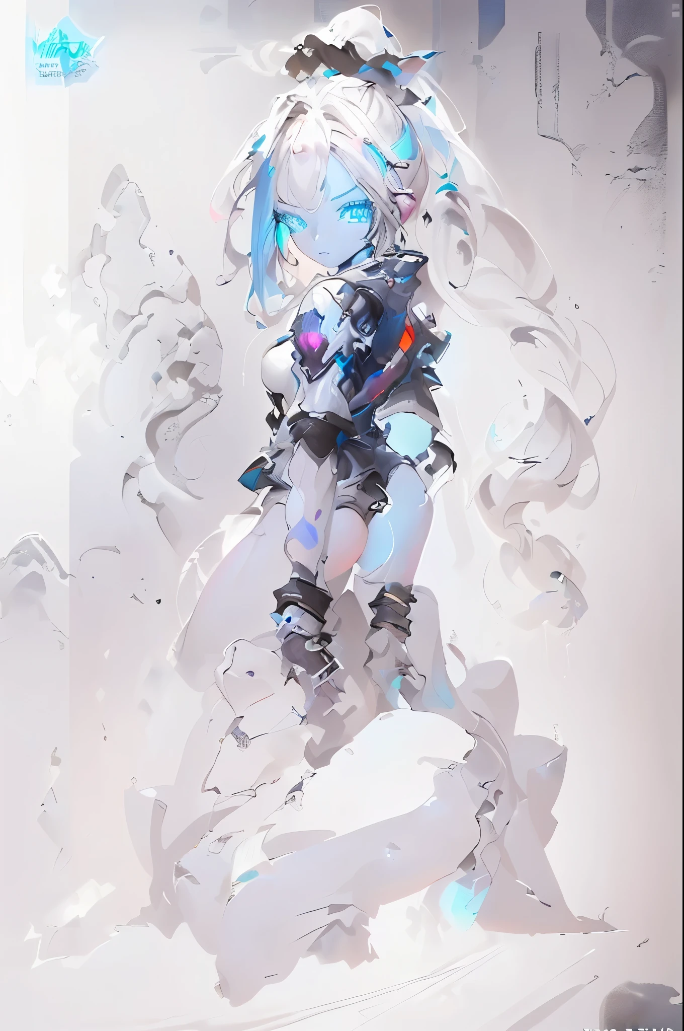 cyberpunk woman，fantasy world，white light background，clean design，Epic Instagram，art stations，Colorful paint splashes，contours，Hyper-detailed complex parts，Unreal engine，bizarre，complex parts，screensaver，Additional colors，Fantasy concept art，Resolution 8K，A masterpiece of deviantart，oil painted，heavy blows，paint dripping，（Isolate on white background：1.3），Rainbow skins，(((beautiful young))), ((Girly lower body 1.5)), (Glowing light blue eyes), ((There is light in the eyes))，((((Gray and tall hair, ponytail 1.1))), ((Black and white，tall figure