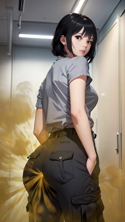 ((velocity)),Attacked by farts, (((Women farting))),(girl farting while stand)),frowned,velocity,(a female janitor),(wearing a gray shirt and gray cargo pants),(),(view from behind) (short hair black hair),(Asian woman),(office),(masterpiece:1.2、top-quality)、(the Extremely Detailed CG Unity 8K Wallpapers、ultra-detailliert、Best Shadows)、(Detailed background)、(The best lighting、extremely delicate and beautiful)、depth of fields、1girl in、report、upward looking gaze、