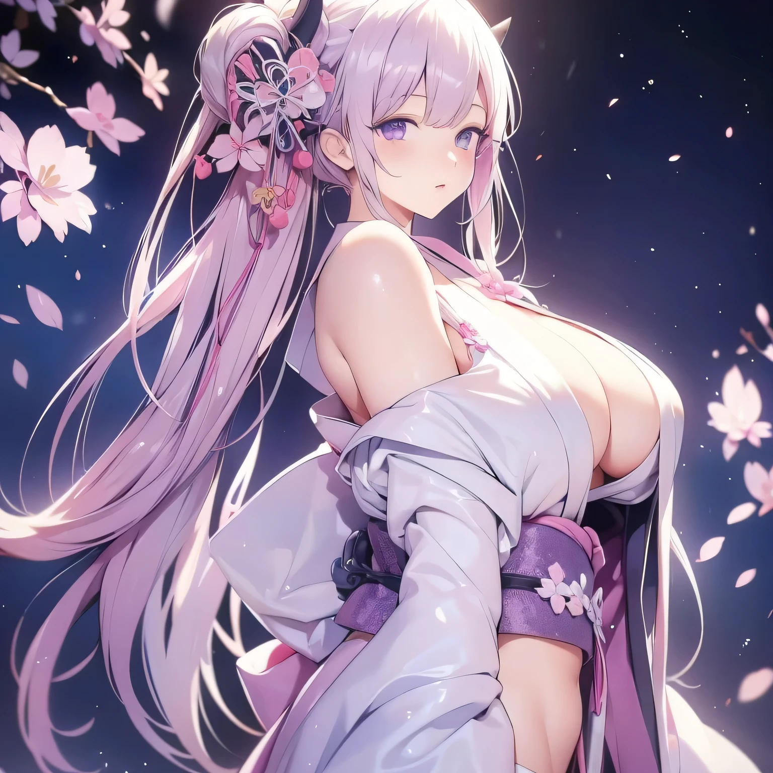 Big Ass，White long hair，Loose pink and purple chest-baring kimono，Big boobs，Back，Hips
