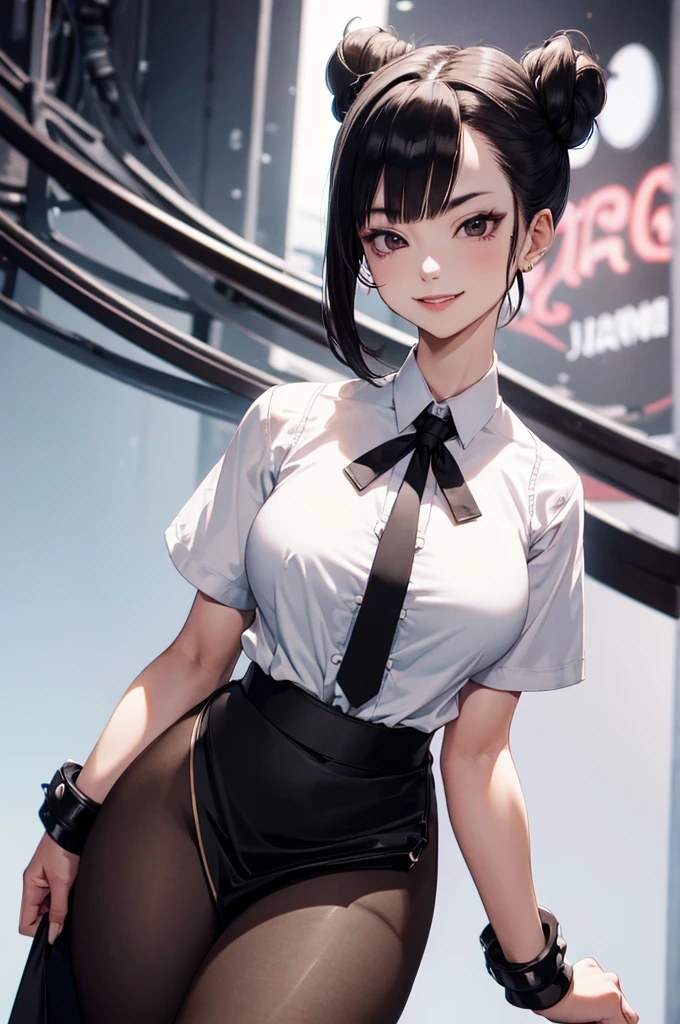 juri han, work of art, tight white secretary shirt with black tie, black high waist skirt, short skirt, short hair, black hair, black tights
evil smile