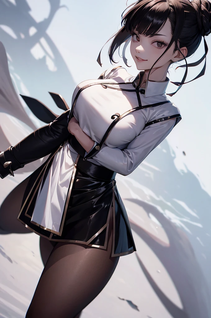 juri han, work of art, tight white secretary shirt with black tie, black high waist skirt, short skirt, short hair, black hair, black tights
evil smile