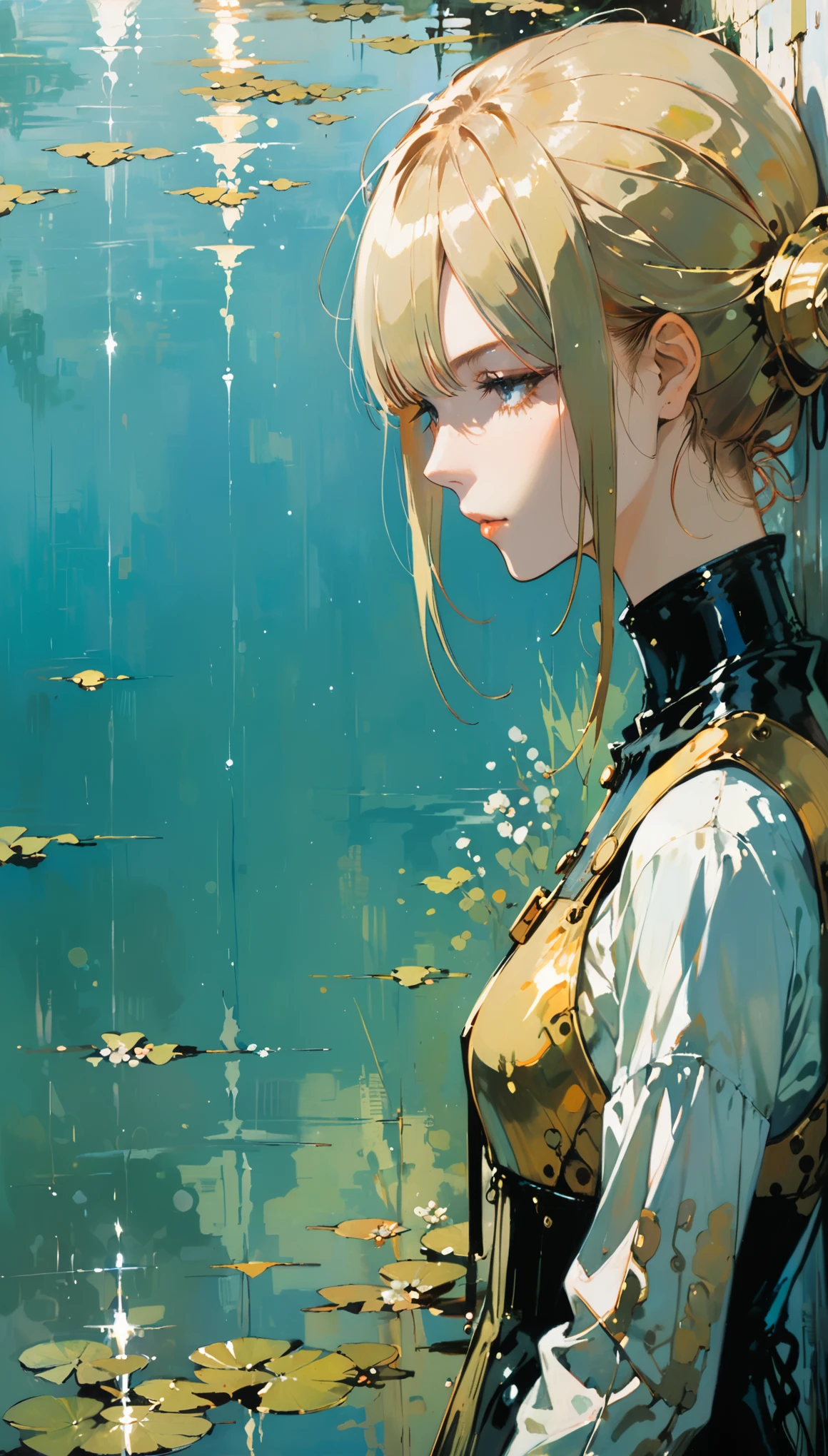 (in style of Ashley Wood:1.4),
1 girl,close-up of the side,lean against the wall,in front of him was a stretch of water,on the surface of the water is the reflection of an equally elongated maiden,