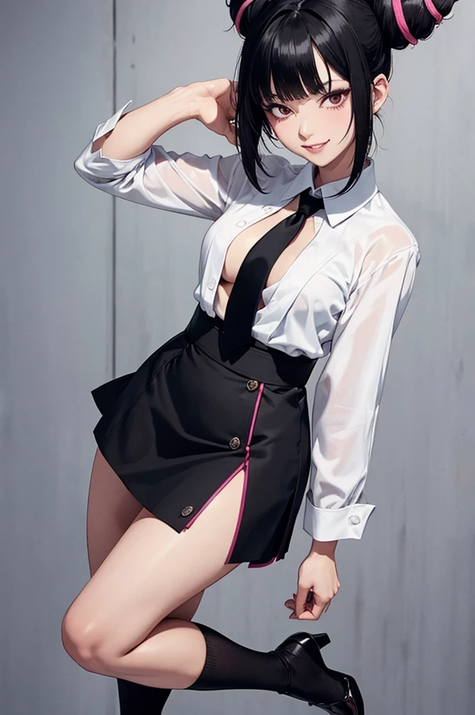 juri han, work of art, tight white secretary shirt with black tie, black high waist skirt, short skirt, short hair, black hair, black tights
evil smile