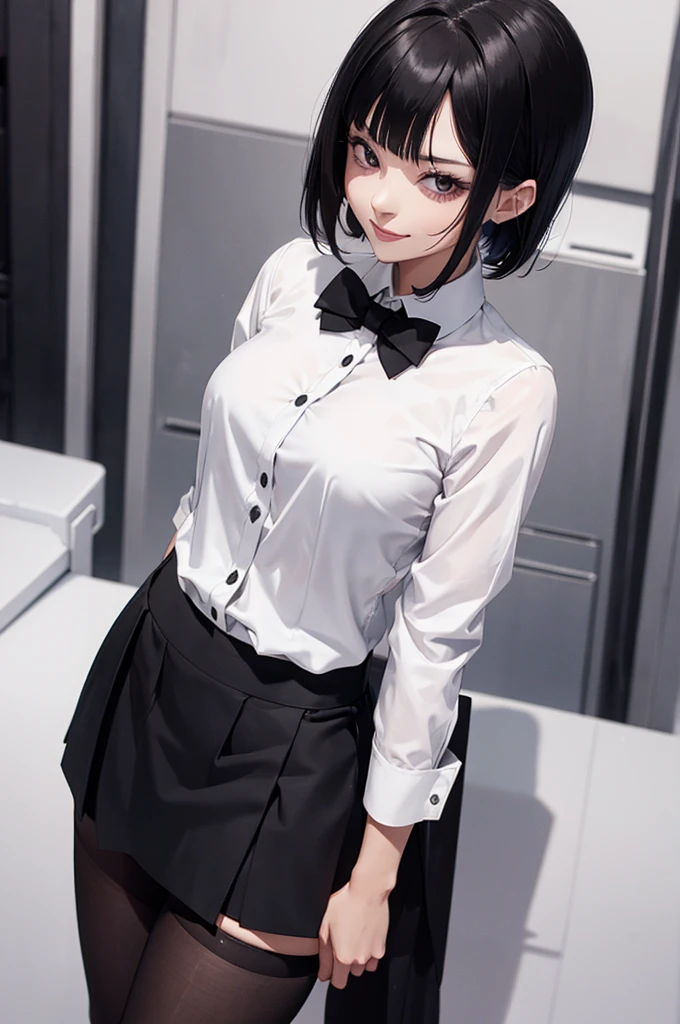 juri han, work of art, tight white secretary shirt with black tie, black high waist skirt, short skirt, short hair, black hair, black tights
evil smile