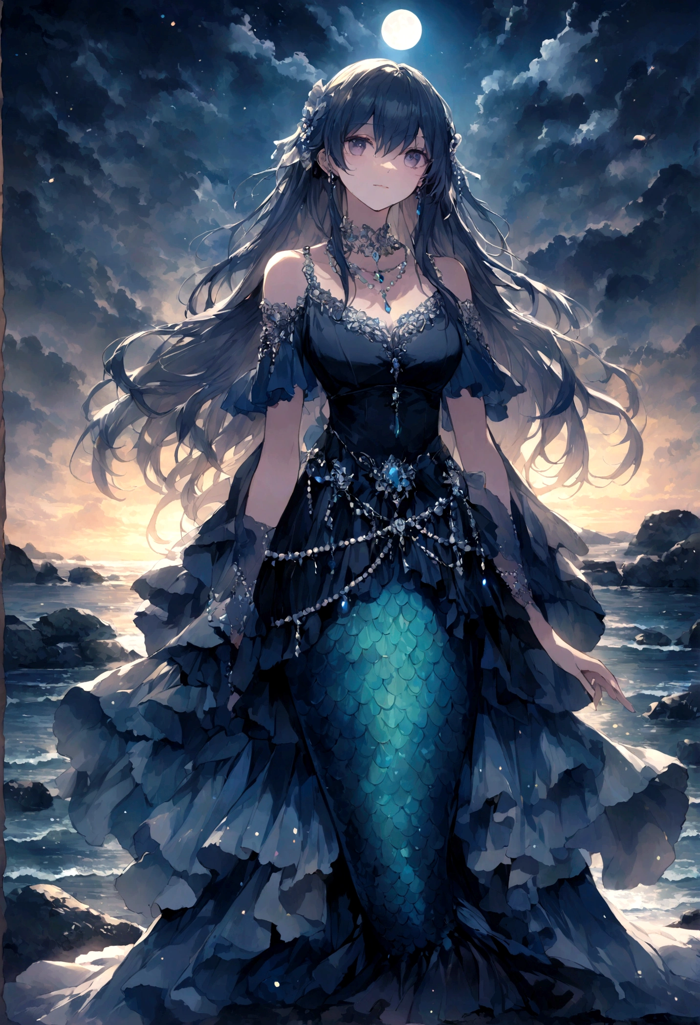 mermaid、18-year-old、Sit on rocky ground、Beautiful fish lower body、Night beach、Beautiful Moonlit Night、long hair、Hair tip wave、pearl、Diamond jewellery、Fantasy Illustration、mysterious