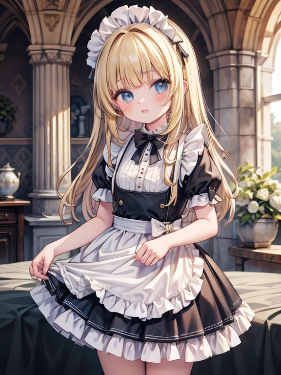 masterpiece, highest quality, Very detailed, 16k, Ultra-high resolution, Cowboy Shot, 14-year-old girl, Perfect Fingers, Detailed face, blue eyes, blonde, Braiding, Long Hair, Black maid outfit, Castle gardens, Drying lots of sheets