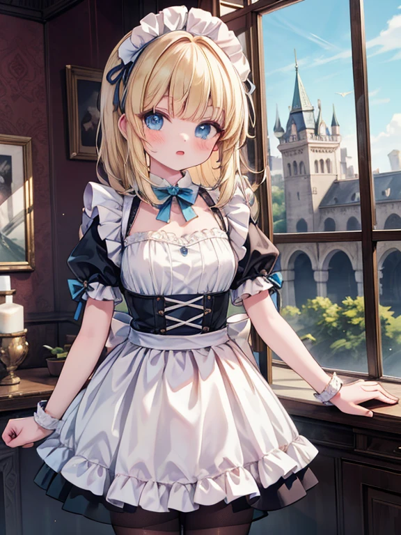 masterpiece, highest quality, Very detailed, 16k, Ultra-high resolution, Cowboy Shot, 14-year-old girl, Perfect Fingers, Detailed face, blue eyes, blonde, Braiding, Long Hair, Black maid outfit, Castle gardens, Drying lots of sheets