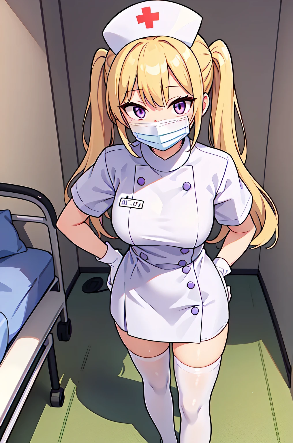 1girl, solo, nurse, nurse cap, white nurse uniform, ((white legwear, zettai ryouiki)), white gloves, twintails, yellow hair, purple eyes, ((white surgical mask, covered nose)), standing, ((hospital room)), sharp outline, short sleeves, best quality, masterpiece