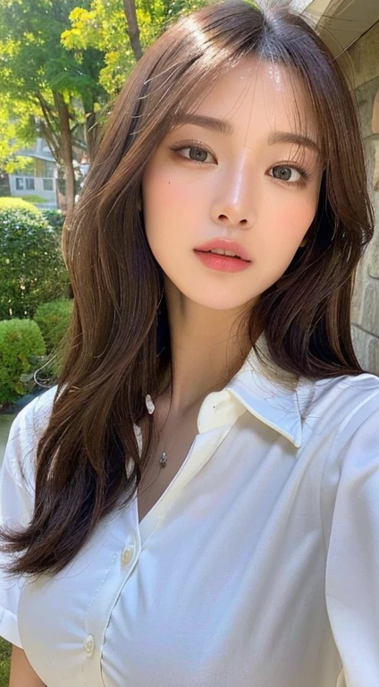 ((highest quality、8k、masterpiece:1.3))、Sharp focus:1.2、Beautiful woman with perfect style:1.4、Slim Abs:1.2、((Dark brown hair、Huge boobs:1.2))、(White button-up long shirt:1.1)、garden:1.2、Highly detailed face and skin texture、Detailed eyes、double eyelid