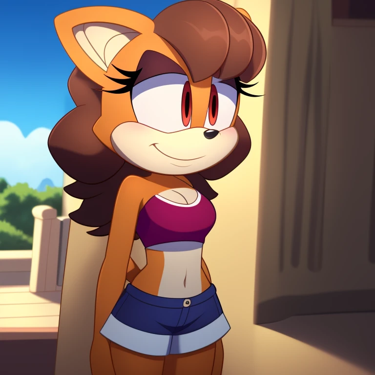 mobian, hedgehog, two-tone fur ((orange fur, brown fur)), pyjama elastic shorts, strapless crop top, cleavage, high-top sneakers, two-tone hair (brown hair, black tip)), curly hair, halo, sunglasses, jewelry, red eyes, longeyelashes, red eyes, smile, shy, blush, high detail, masterpiece, UHD, anatomically correct, super detail, highres, 4K