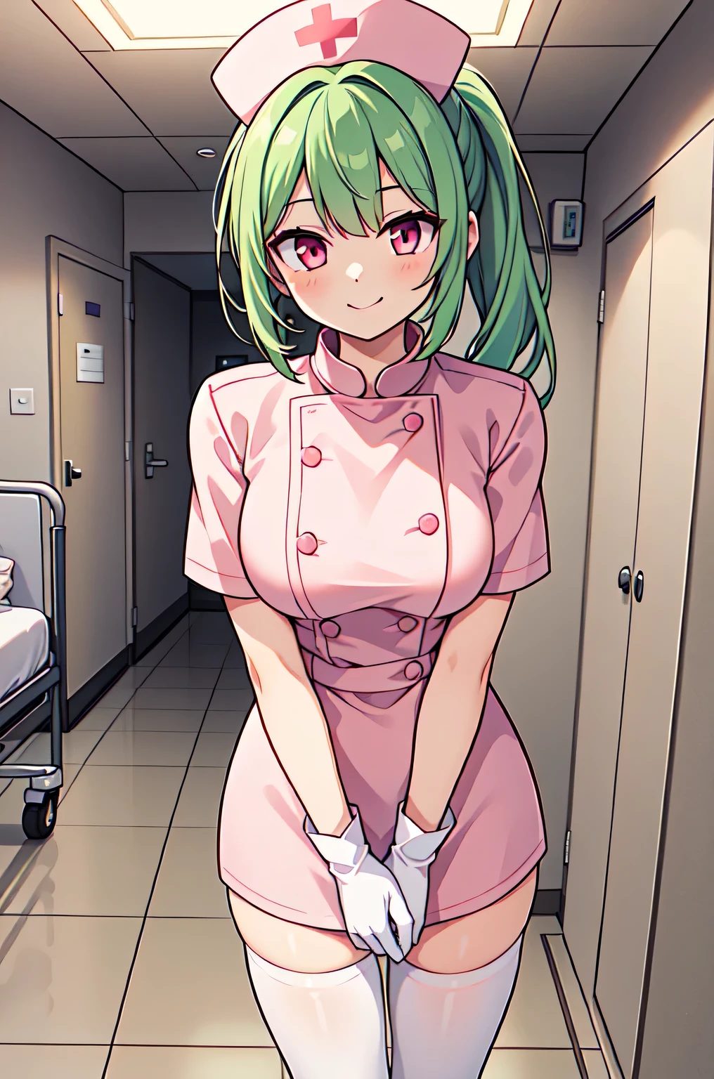 1girl, solo, nurse, nurse cap, white nurse uniform, ((white legwear, zettai ryouiki)), white gloves, ponytail, green hair, pink eyes, smile, standing, ((hospital room)), sharp outline, short sleeves, best quality, masterpiece